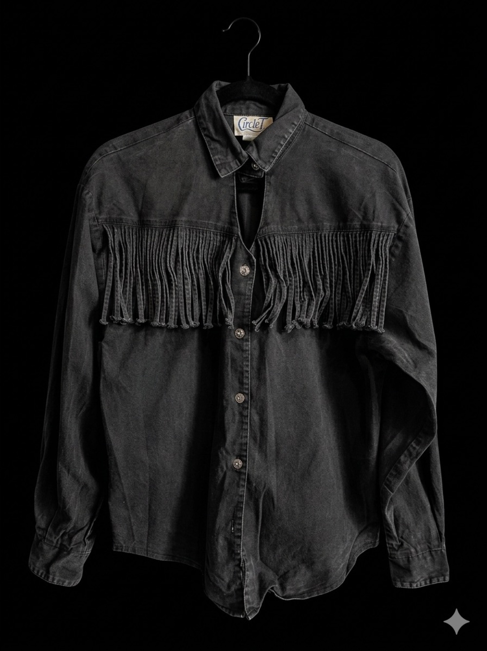 Vintage 90s Circle T Black Denim Fringe Western Shirt Cowgirl Cowboy Core Medium